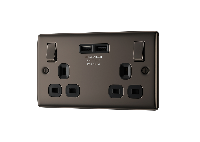 (while Stk Last)USB-Skt 2g 13a Dp Bg BLK-Nick Raisd NBN22U3B