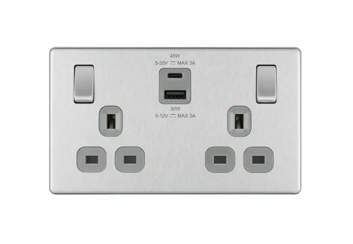 Bg Scr.Less DoubleSkt 45w USB+Type C BruSteel  FBS22UAC45G-01