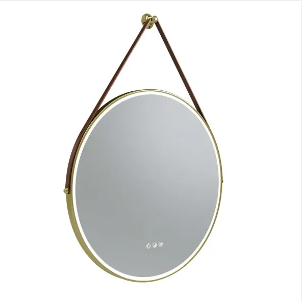 [47Rr.WAM60C-BR-F2] Walcot ⌀600 Led Mirror Round Brush Brass + Brown Strap